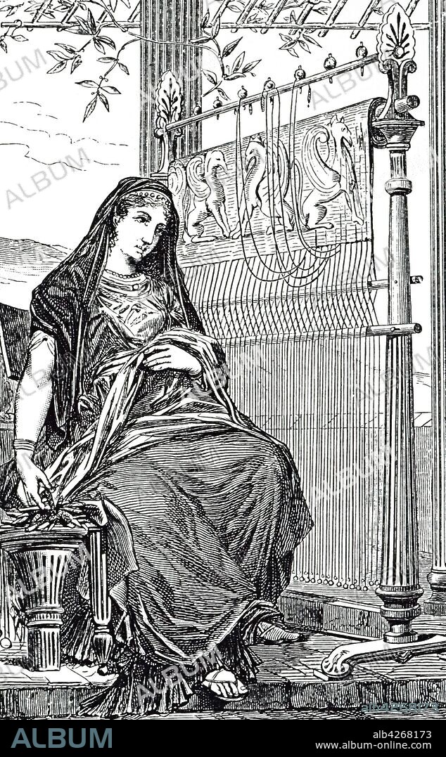 Illustration of Penelope weaving. Adapted from Odysseus and Penelope by Francesco Primaticcio (1563). In Homer's Odyssey, Penelope was the wife of Odysseus, who is known for her fidelity to Odysseus while he was absent, despite having many suitors. Dated 16th century.