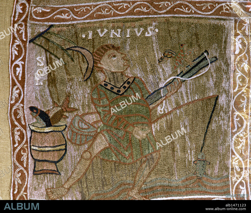 Romanesque Art. 11th century. Tapestry of Creation or Girona Tapestry. June. A fisherman pulling a fish out of water. Museum of the Cathedral of Girona. Catalonia. Spain.