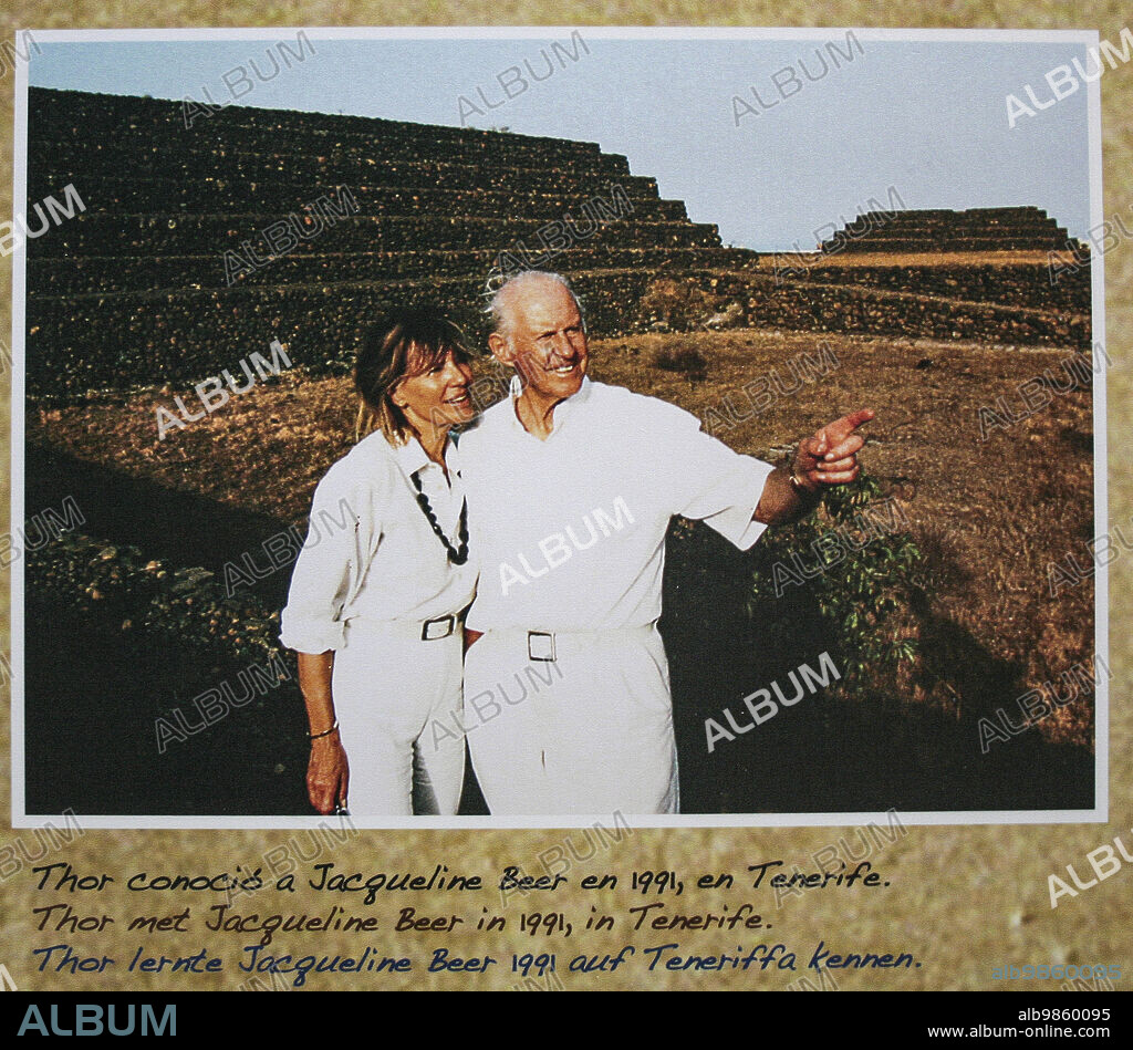Güímar, Tenerife, Comunidad Autonoma des Canarias, Spain. Güímar Pyramids Museum, portrait of Norwegian anthropologist, explorer, navigator and writer Thor Heyerdahl with his wife Jacqueline Beer, french actress, in 1991.