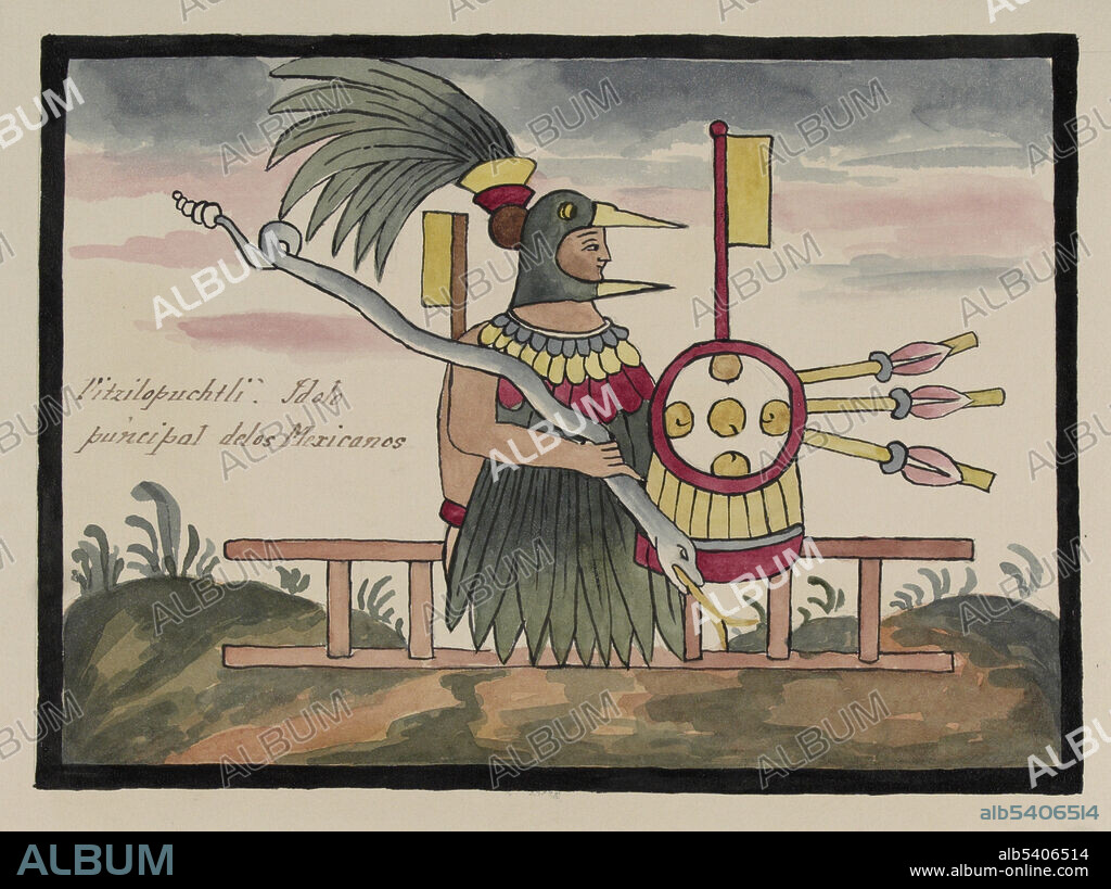 Huitzilopochtli, holding a turquoise serpent in one hand and a shield with the five directions of space and three arrows in the other. Huitzilopochtli wears a hummingbird mask or helmet with feathered quetzal crown, which is identified with the two Moctezumas. The xiuhcoatl (turquoise or fire serpent) was his mystical weapon. In Aztec religion, Huitzilopochtli was a god of war, sun, human sacrifice and the patron of the city of Tenochtitlan. He was also the national god of the Mexicas of Tenochtitlan. Huitzilopochtli was a tribal god and a legendary wizard of the Aztecs. Originally he was of little importance to the Nahuas, but after the rise of the Aztecs, Tlacaelel reformed their religion and put Huitzilopochtli at the same level as Quetzalcoatl, Tlaloc, and Tezcatlipoca, making him a solar god. The Tovar Codex (16th century) contains detailed information about the rites and ceremonies of the Aztecs. The codex is illustrated with 51 full-page paintings in watercolor. Illustration taken from a 19th century transcript of Juan de Tovar's Historia de la benida de los yndios apoblar a Mexico (the Co´dice Tovar).