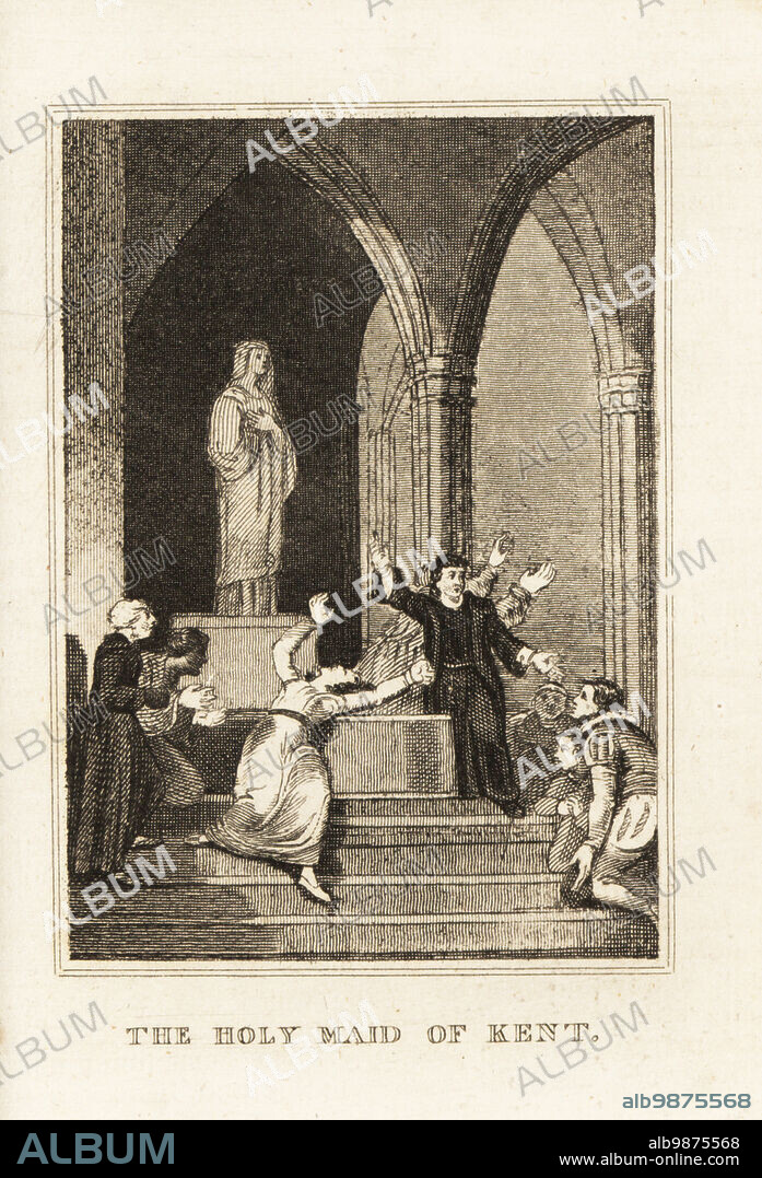 Sister Elizabeth Barton, 1506-1534, having a vision in a trance in a Catholic church below a statue of the Virgin Mary. She was executed as a result of her prophecies against the marriage of King Henry VIII of England to Anne Boleyn. The Holy Maid of Kent. Copperplate engraving from M. A. Jones History of England from Julius Caesar to George IV, G. Virtue, 26 Ivy Lane, London, 1836.