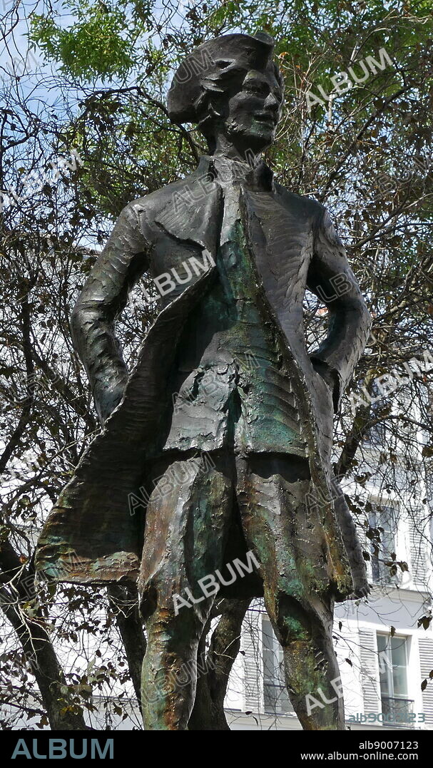 statue of Francois-Jean Lefebvre de la Barre (1745 - 1766), French nobleman tortured and beheaded before his body was burnt on a pyre along with Voltaire's Philosophical Dictionary nailed to his torso. La Barre is often said to have been executed for not saluting a Roman Catholic religious procession, though other charges of a similar nature were laid against him.