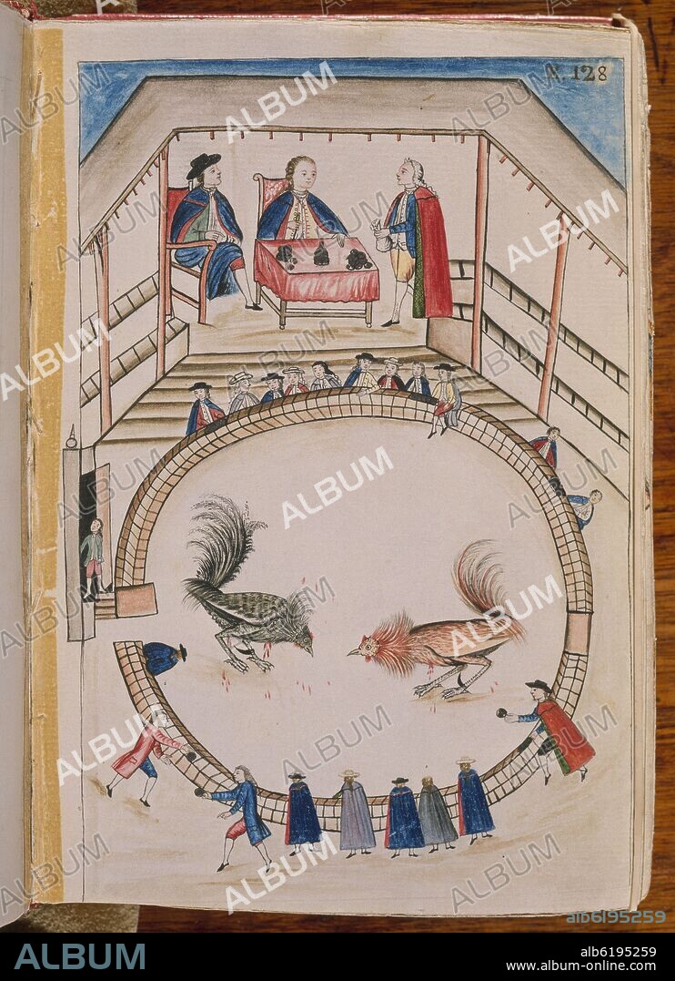 BALTASAR JAIME MARTÍNEZ COMPAÑÓN. CODICE TRUJILLO DEL PERU - TOMO II E 128 - JUEGO DE GALLOS - ACUARELA - SIGLO XVIII.
