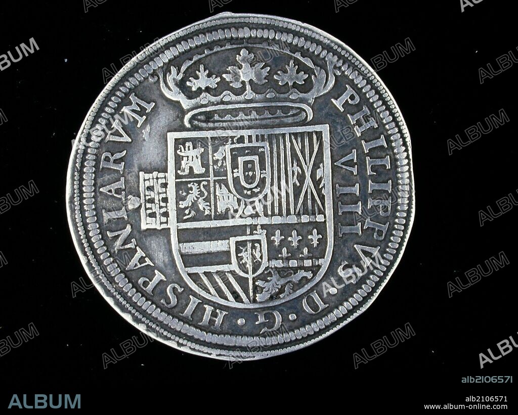 NUMISMATICA. MONEDA MODERNA. REAL DE A OCHO DE PLATA, DE FELIPE II. ANVERSO. ESCUDO CORONADO COMPLETO CON LAS ARMAS DE PORTUGAL; Y ACUEDUCTO DE SEGOVIA. (DEPOSITO: MUSEO ARQUEOLOGICO NACIONAL).