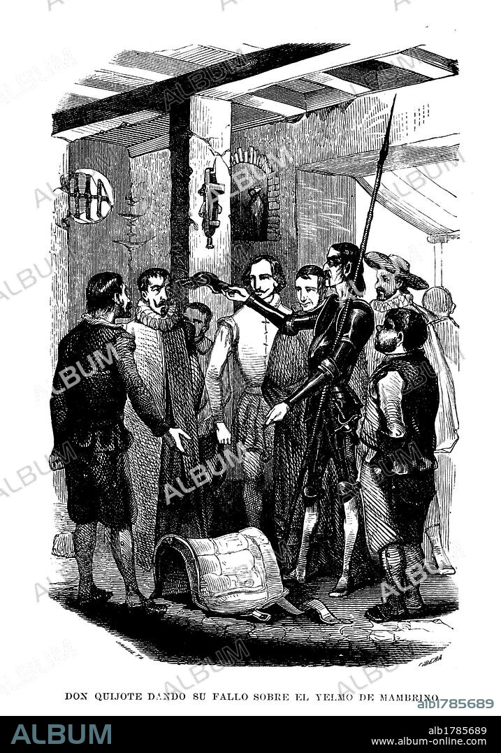 Escena de la novela EL INGENIOSO HIDALGO DON QUIJOTE DE LA MANCHA, de Miguel de Cervantes Saavedra. Dibujo de Ribera. Don Quijote dando su fallo sobre el yelmo de Mambrino.