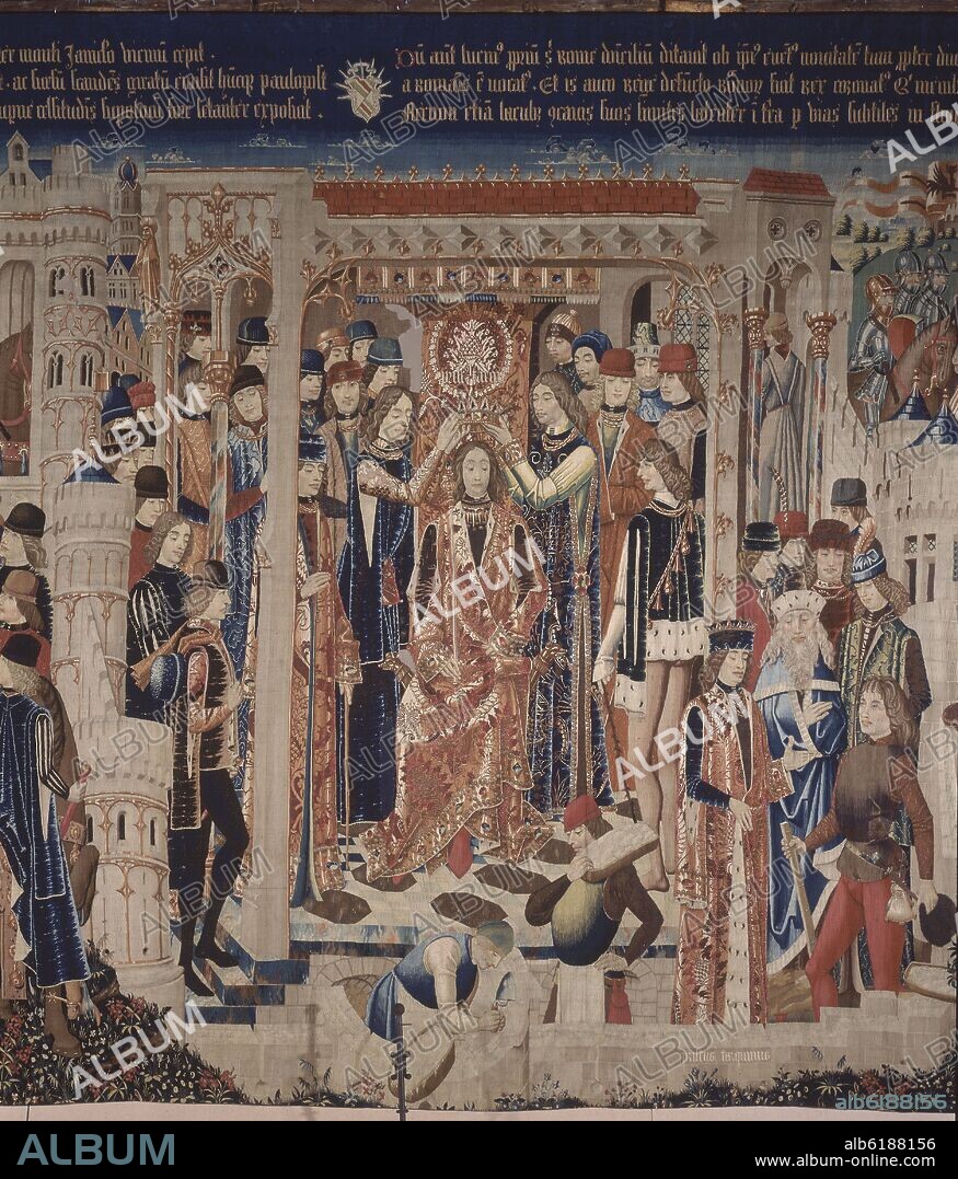 TALLER DE TOURNAI (S XV). CORONACION DE TARQUINO PRISCO - DETALLE CENTRAL - TAPIZ DEL SIGLO XV - 8,53x4,31 -  TALLER DE TOURNAI - RESTAURADO.