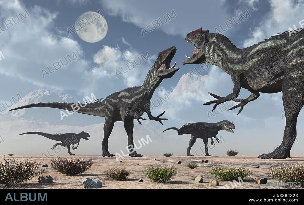 A pack of carnivorous Allosaurus dinosaurs from Earth's Jurassic period.