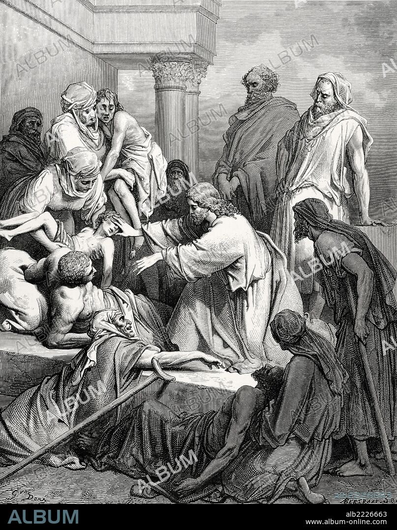 PAUL GUSTAVE DORÉ. New Testament. Jesus healing the sick. Gospel of Matthew, Chapter IV, Verses 23-25. Drawing by Gustave Dore. Engraving by Bertrand. 19th century.