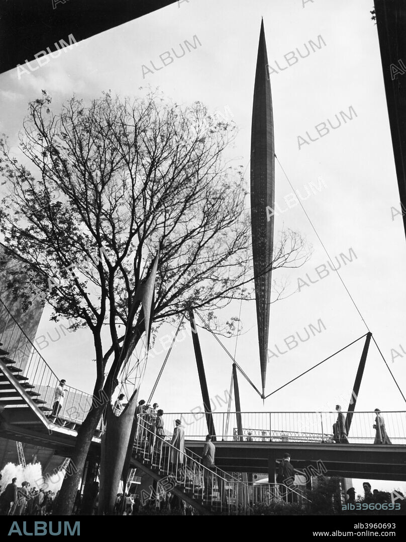 The Skylon, Festival of Britain site, South Bank, Lambeth, London, 1951. The Skylon was designed by  Hidalgo Moya, Philip Powell and Felix Samuely.