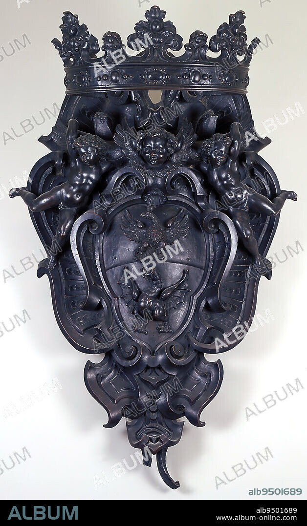 Coat of arms of Cardinal Scipione Borghese (15791633), c. 162030, 57 x 37 in. (144.78 x 93.98 cm), Bronze, Italy, 17th century, As heraldic symbols of the Borghese family, the eagle and dragon are emblazoned on the shield of this coat of arms.