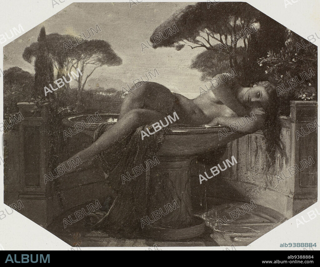 Photoreproduction of a painting of a reclining nude in a basin by Paul Delaroche, Jeune fille dans une vasque (title on object), Robert Jefferson Bingham (mentioned on object), after: Paul Delaroche (mentioned on object), Paris, c. 1853 - in or before 1858, paper, albumen print, engraving, height 115 mm × width 148 mmheight 182 mm × width 210 mm.