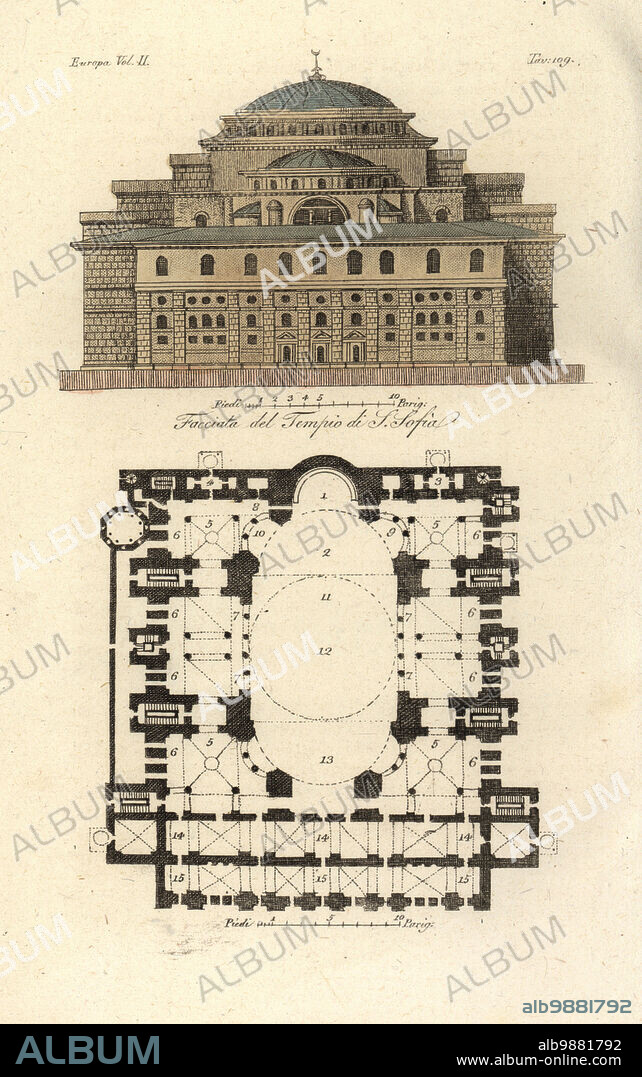 Facade and plan of the Byzantine church Hagia Sophia, Istanbul. Sanctuary or Absida 1, Soglia or limit of the nave 2, sacristy or Diaconicon 3, room 4, classroom 5, portico 6,7, Emperors seat 8, altar or Prothesis 9, altar 10, step or Ambon 11, grand dome 12, vestibule 13, Pronaos or Narthex 13, vestibule and atrium 15. Facciata del Tempio di Sancta Sofia. Handcoloured copperplate engraving by Corsi from Giulio Ferrarios Costumes Ancient and Modern of the Peoples of the World, Il Costume Antico e Moderno, Florence, 1826.