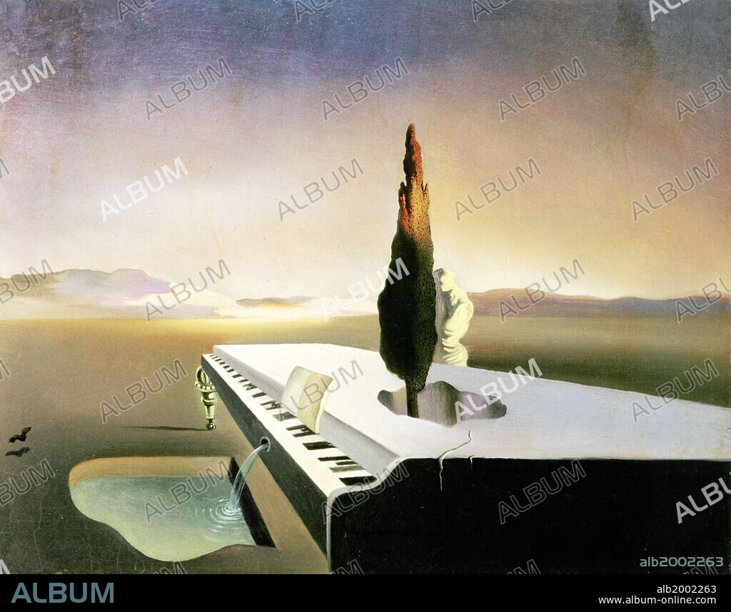 SALVADOR DALÍ. Salvador Dalí, 'Fuente necrofílica manando de un piano de cola', 1933, Óleo sobre lienzo, 22 x 27 cm.