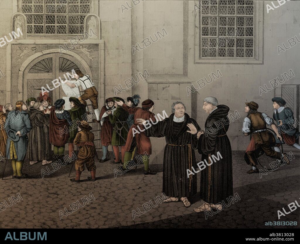 Crowd gathered to watch as Luther directs the posting of his 95 theses, protesting the practice of the sale of indulgences, to the door of the castle church in Wittenberg. Martin Luther (November 10, 1483 - February 18, 1546) was a German priest, professor of theology and a major figure of the Protestant Reformation. He disputed the claim that freedom from God's punishment for sin could be purchased with money. He confronted indulgence salesman Johann Tetzel with his Ninety-Five Theses in 1517. His refusal to retract all of his writings at the demand of Pope Leo X and the Holy Roman Emperor Charles V at the Diet of Worms resulted in his excommunication by the pope and condemnation as an outlaw by the Emperor in 1521. His theology challenged the authority of the Pope of the Roman Catholic Church by teaching that the Bible is the only source of divinely revealed knowledge. Those who identify with Luther's teachings are called Lutherans. His translation of the Bible into the language of the people (instead of Latin) made it more accessible. His marriage to Katharina von Bora set a model for the practice of clerical marriage, allowing Protestant priests to marry. While suffering from several illnesses and deteriorating health, Luther became increasingly antisemitic, writing that Jewish homes should be destroyed, their synagogues burned, money confiscated and liberty curtailed. These statements have contributed to his controversial status. Lithograph, 1830.
