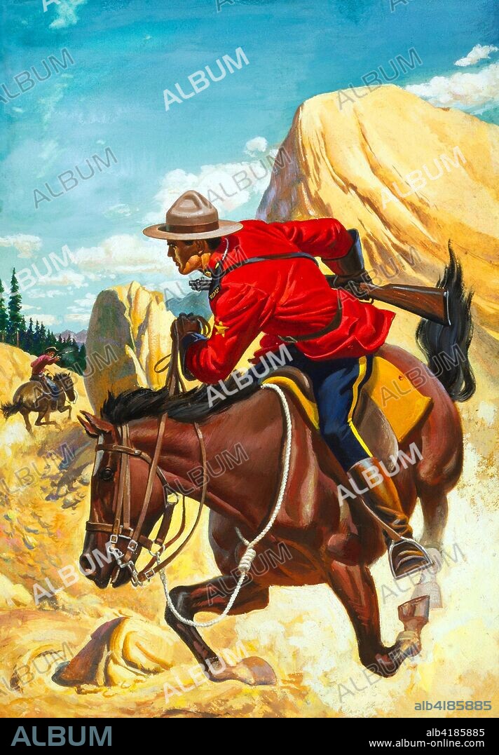 King of the Royal Mounted #10 Cover Art (1953). Zane Grey's classic Mountie Sergeant, Dave King, is hot on the trail of his man, in this exciting cover illustration For "King Meets Terror in the Wilderness." King of the Royal Mounted had a healthy run in the comics, from 1937's Feature Books #1 through several Four Color numbers and 28 issues of his own title.  - William George.