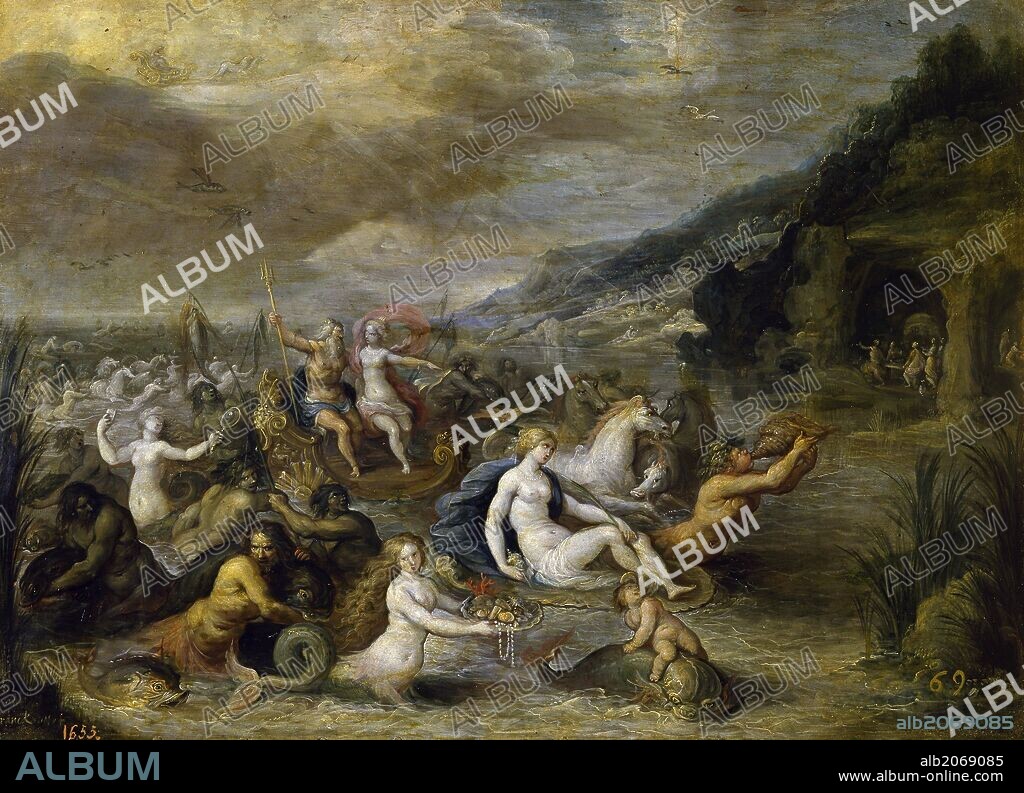 FRANS FRANCKEN II EL JOVEN. Frans II Francken / 'Neptuno y Anfitrite', Principio del siglo XVII, Escuela Flamenca, Óleo sobre Lámina de cobre, 30 cm x 41 cm, P01523.
