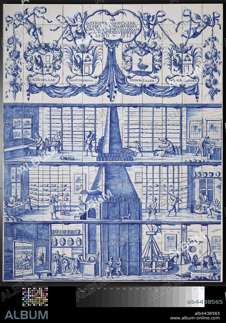 Tile panel with the tile and pottery factory in Bolsward Tile panel with the tile and earthenware factory in Bolsward, Tile panel of 154 tiles (14 x 11) with a blue-painted tile bakery in Bolsward with three floors in which the process of the tile manufacture is shown. The top is decorated with a cartouche in which the inscription: THE FOUNDERS OF THIS WORK 'ZYN DEESE WITH HER CELEBRATE. WHOSE WAAPENS WITH HER NAME 'DO DECORATE DEESE ANT. ANNO 1737. Below are four weapons carried by angels and four names in a cartouche: IOH: TICHELAAR ', IAN. STEENSMA ', HERODe IAGER' and WYBE. STEENSMA ', tiles, bricks, building material (before and after production), Bolsward, anonymous, c. 1745 - c. 1765, earthenware, tin glaze, h 182.5 cm × w 144 cm.