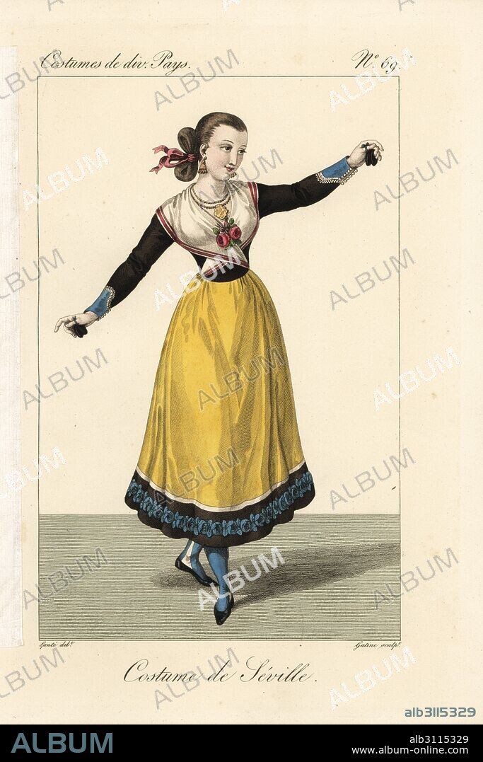 Female dancer of Seville, Spain, 19th century. She dances a fandango or bolero with her hair tied up in ribbons, a short bolero jacket, calf-length skirt, and castanets. Handcoloured copperplate engraving by Georges Jacques Gatine after an illustration by Louis Marie Lante from Costumes of Various Countries, Costumes de Divers Pays, Paris, 1827.