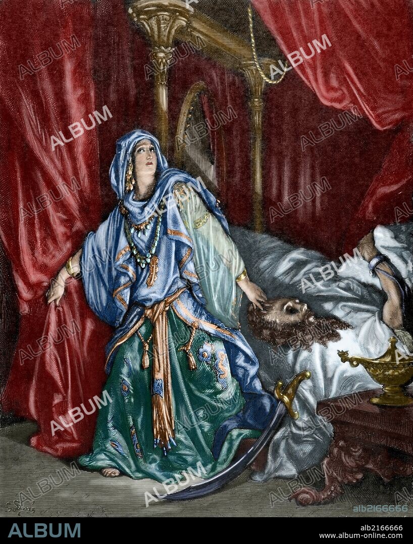 JUDITH C.13. Grabado representando a Judith tras cortarle la cabeza al general asirio HOLOFERNES. Grabado por Pannemarker. "La Biblia en imágenes de Gustavo Doré". Coloreado.