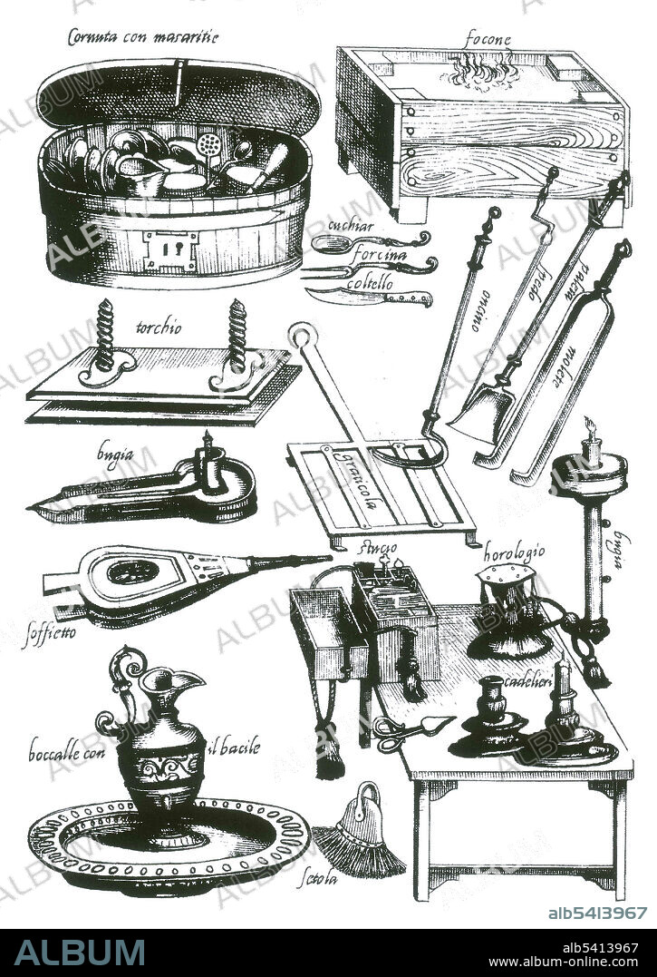 Plate 22: Food service (conclave). Bartolomeo Scappi (1500, April 13, 1577) was a famous Italian Renaissance chef. As head chef for popes and cardinals he prepared banquets for the most powerful men on earth. He acquired fame in 1570 when his monumental cookbook Opera dell'arte del cucinare was published. It was the world's first illustrated cookbook, a colossal tome that includes a thousand recipes of the Renaissance cuisine and describes cooking techniques and tools, giving the first known picture of a fork. Lavish woodcuts illustrate the perfect layout of a kitchen, the range of pots, pans, knives, and other utensils needed to run a high-quality kitchen. Between 1570 and 1646, the book went through eight print runs, and versions of his recipes were borrowed for other publications in England, France, Germany, and Spain.