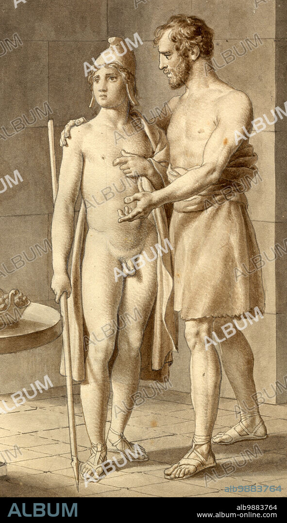 Telemachos, in Greek myth the son of Odysseus and Penelope, meets Odysseus disguised as a beggar at the shepherd Eumaios, after a painting by Christoffer Wilhelm Eckersberg (January 2, 1783 - July 22, 1853), Historical, digitally restored reproduction from a 19th century original.