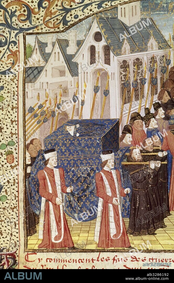 Louis IX of France  or Saint Louis(1214-1270). King of France. House Capet. Miniature. Funeral procession in Paris. Conde Museum. Chantilly. France.