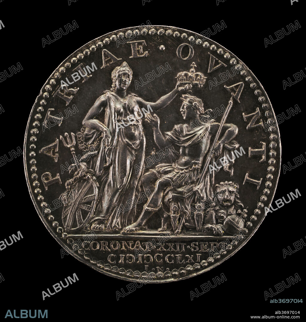 JOHANN LORENZ NATTER. Britannia Crowning the King [reverse]. Dated: 1761. Dimensions: overall (diameter): 3.44 cm (1 3/8 in.)  gross weight: 18.94 gr (0.042 lb.)  axis: 6:00. Medium: silver.