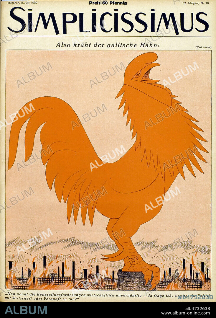 'Le coq gaulois chante' dans un paysage industriel devaste (Caricature a propos des exigences financieres deraisonnables des Reparations). Illustration de Karl ARNOLD (1883-1953) pour Simplicissimus du 5 juin 1932. ADAGP. Credit : Coll. Dixmier/KHARBINE-TAPABOR.