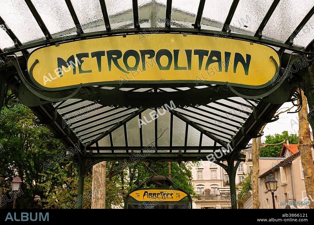 Entrance to the Metro, designed by Hector Guimard, Abbesses metro station, Paris, Ile-de-France, France