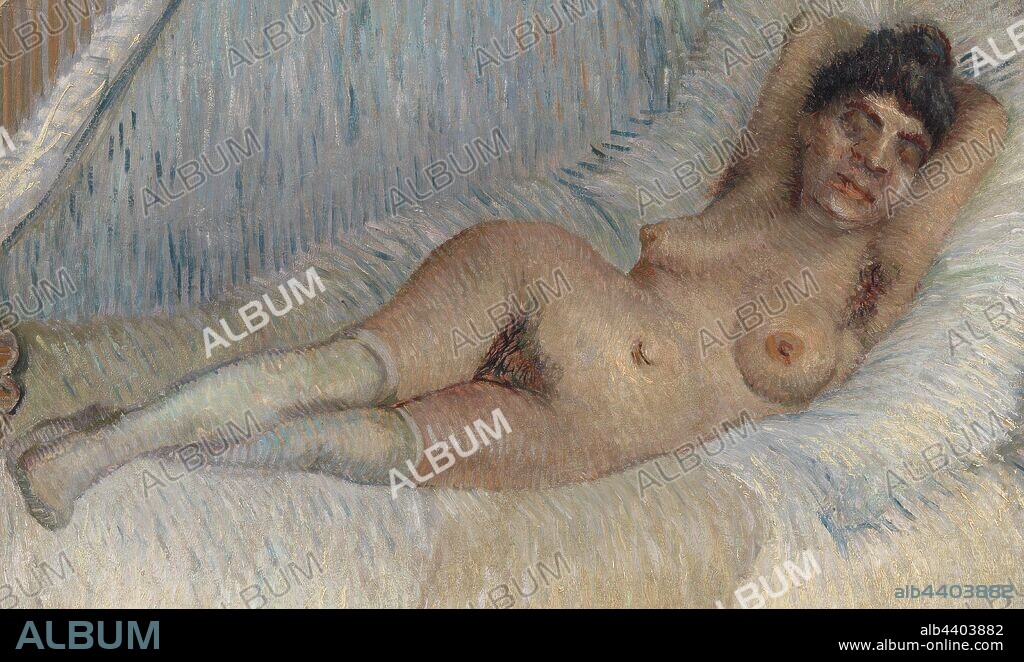 Vincent van Gogh: Reclining Nude (Femme nue étendue sur un lit), Vincent van Gogh, January–March 1887, Oil on canvas, Van Gogh painted very few nudes. Because he was so poor, hiring models was usually out of the question. In this work, the female body is presented as a curious mixture of alluring and revolting. Curvy hips and closed eyes are traditional signs of sensuality, but the exposed body hair and coarse facial features certainly went against 19th-century conventions of beauty., Overall (oval): 23 1/2 x 29 in. (59.7 x 73.7 cm).