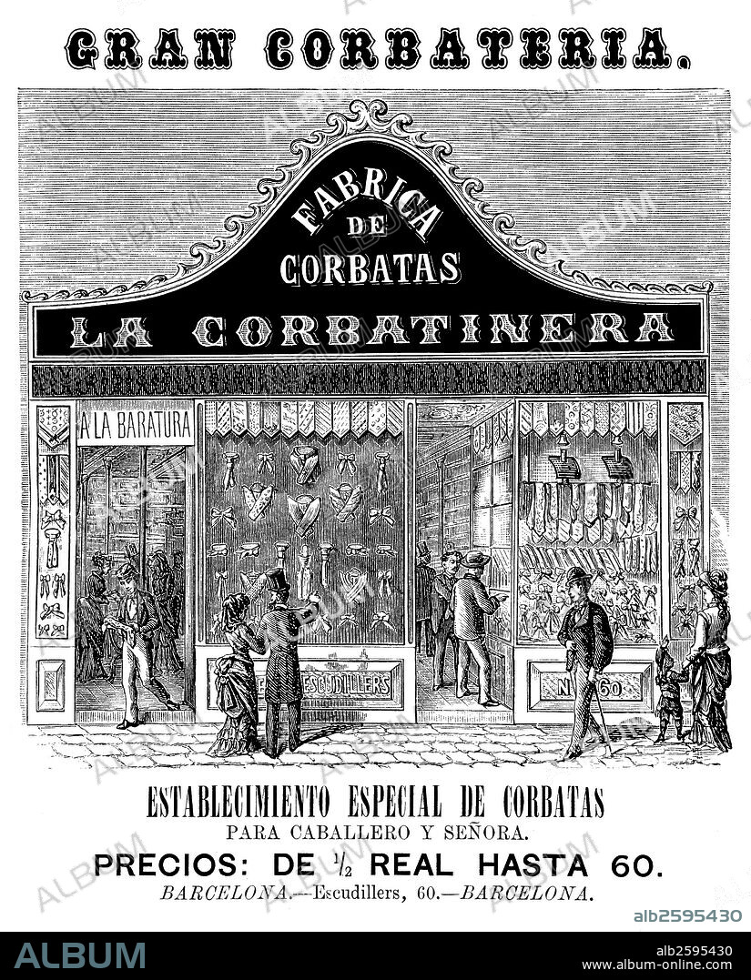 Anuncio publicitario de la fábrica de corbatas de Barcelona La Corbatinera. Grabado de 1876.