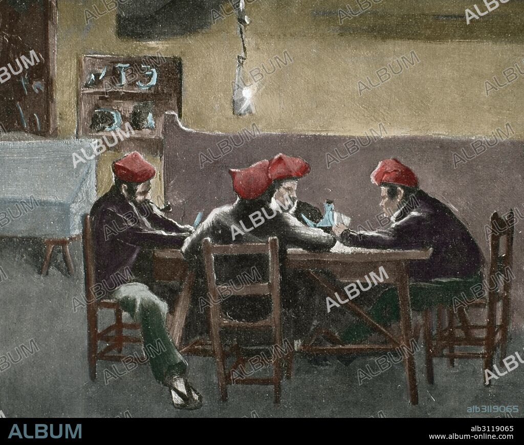 "LA PUNYALADA". Novela de costumbres montañesas de Marià Vayreda (Olot,1853-Barcelona,1903). Ilustración de Josep Berga y J. Berga Boada. "La Ilustració Catalana", 1903. Grabado coloreado.