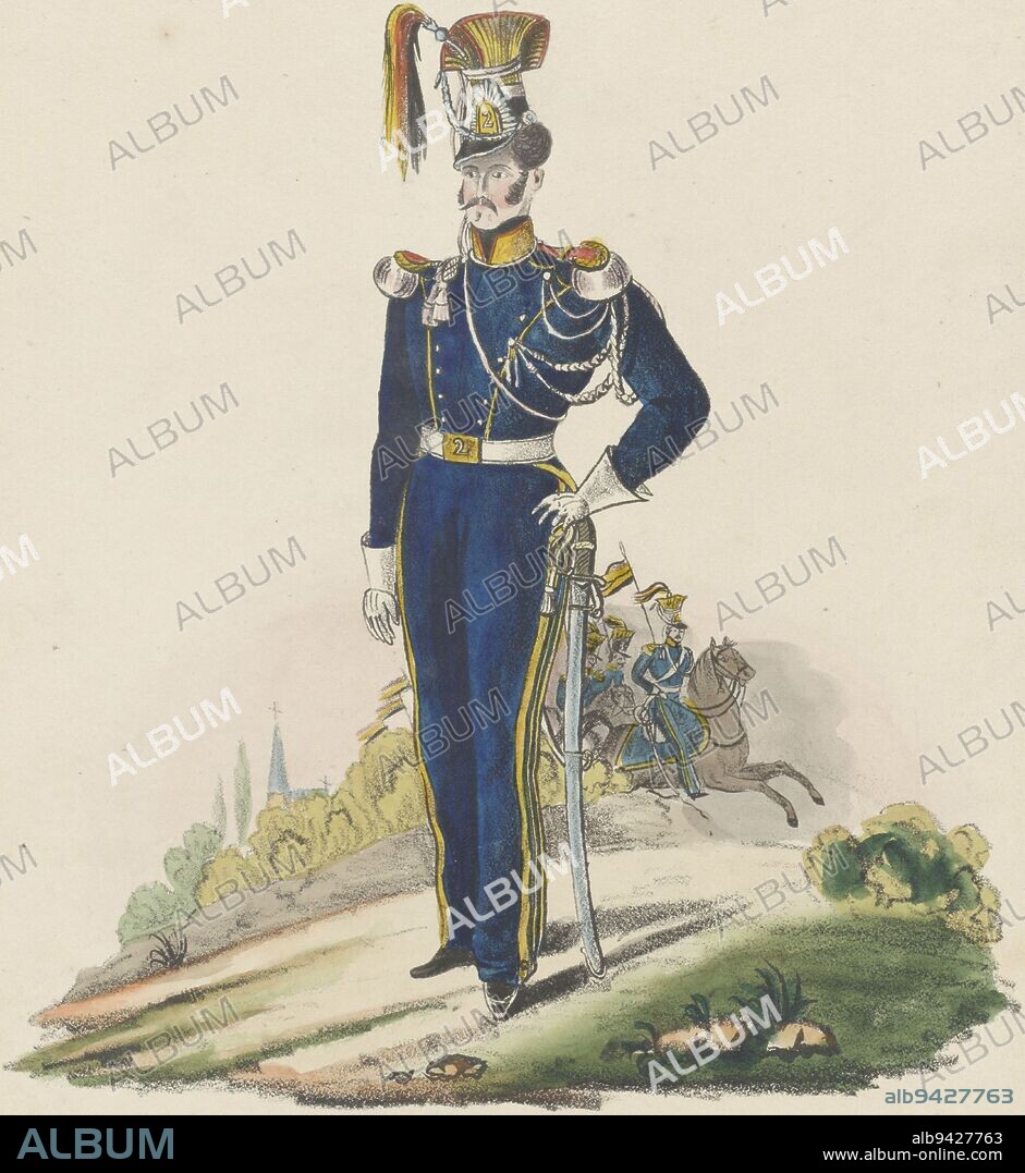 An officer of the 2nd Regiment of Belgian lancers, 1830 Part of a group of representations of Belgian uniforms, Belgian lancer, 1830 Troupes Belges Lancier 2me Regiment 1831 , print maker: anonymous, Belgium, 1830 - 1831, paper, h 285 mm × w 231 mm.