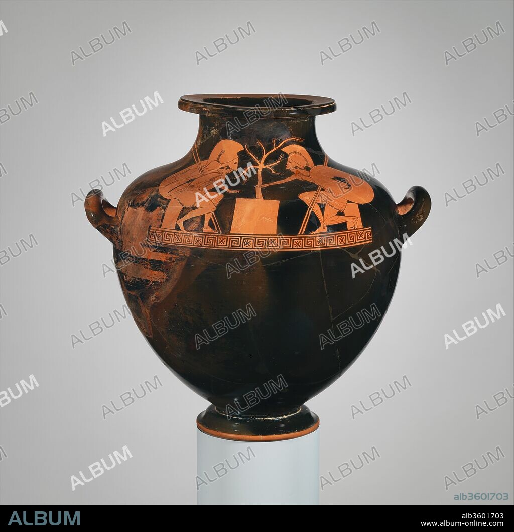 Terracotta hydria: kalpis (water jar). Culture: Greek, Attic. Dimensions: H. 14 5/16 in. (36.4 cm). Date: ca. 490 B.C..
Ajax and Achilles gaming
About 540 B.C. Exekias invented the representation of Achilles and Ajax passing the time during the siege of Troy by playing a board game. The original is preserved in the Vatican Museums. The subject remained popular into the fifth century B.C. The warriors are evenly matched. They hold their spears and shields as they play. The artist's concern seems less to characterize them than to dispose an interesting, symmetrical composition on the shoulder of the kalpis.