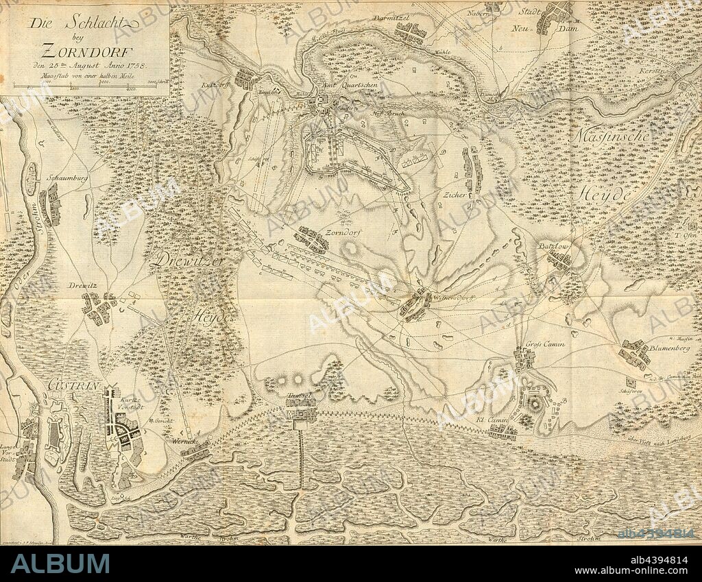 Battle at Zorndorf, Plan for the Battle of Zorndorf on August 25, 1758, signed: signed by J. F. Schneider., Bomb, engraved v., C.C. Glassbach, Fig. 3, 1 st table, according to p. 387, Schneider Bombardier, J. F. (gez.); Glassbach, Carl Christian (gest.), Georg Friedrich von Tempelhoff, Henry Lloyd: Geschichte des siebenjährigen Krieges in Deutschland zwischen dem Könige von Preussen und der Kaiserin Königin mit ihren Alliirten vom General Lloyd. Als eine Fortsetzung der Geschichte des General Lloyd. Bd. 2. Berlin: gedrukt und verlegt von Johann Friedrich Unger, 1785.