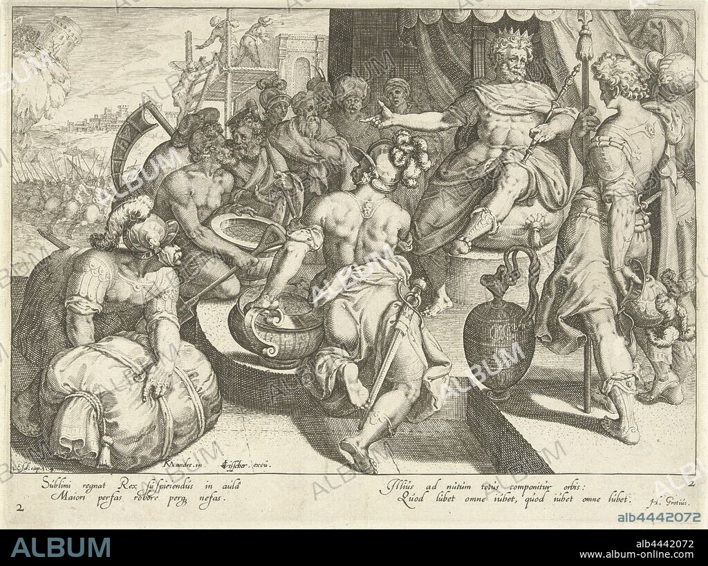 The king as the strongest in the world Scenes from the Apocrypha Bible Book 3 Esdras (series title), Several people bring their treasures to the king who sits on his throne. Two men carry large vases with coins, another man brings a bag of expensive fabrics. A new palace is being built in the background and an army is going to battle. Presentation from the book 3 Ezra 3-4., King, the first guardsman says (writes) that wine is the strongest of all things, contest of the three guardsmen, Zacharias Dolendo, 1595 - 1596 and/or 1600 - 1652, paper, engraving, h 210 mm × w 288 mm.