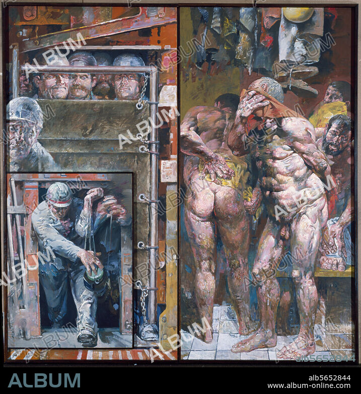 WILLI SITTE. Sitte, Willi. 1921-2013. /. "Nach der Schicht im Salzbergwerk", 1982. Öl auf Hartfaser, 248 × 240 cm. Sammlung Ludwig, Aachen, Ludwig Forum für Intern. Kunst.