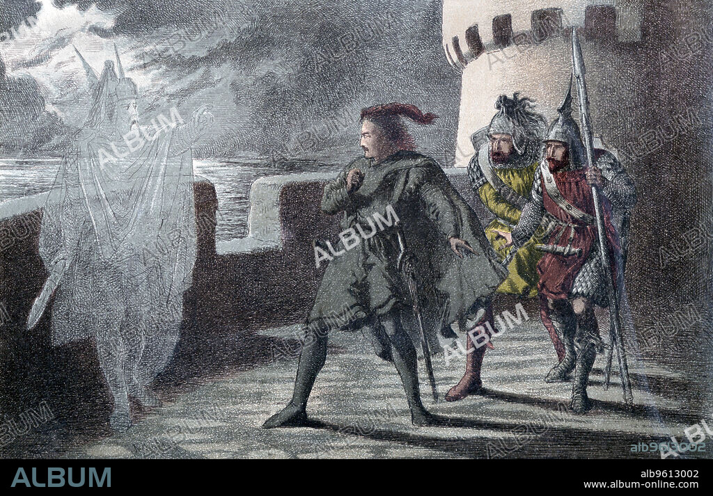 Hamlet seeing his father's ghost on the battlements of Elsinore Castle. From the Shakespeare play, 'Hamlet', Act l, Sc. IV. Chromolithograph illustration by Robert Dudley (fl.1858-93) published London 1856-58.