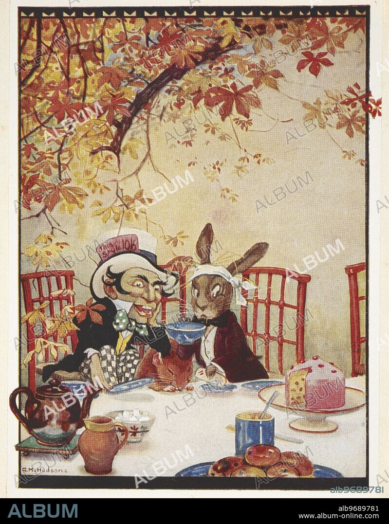 The Mad Hatter's Tea Party. The Mad Hatter drinking tea and eating cake with the Mad March Hare and the Dormouse.,'The March Hare and the Hatter were having tea.'.