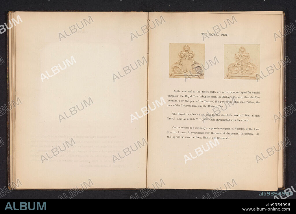 Two decorations of the royal pew in St Michael's in Cornhill, The Royal pew (title on object), Left: a coat of arms and a crown, right: the monogram of Victoria., anonymous, St Michael, c. 1857 - in or before 1867, photographic support, albumen print, height 275 mm × width 205 mm.