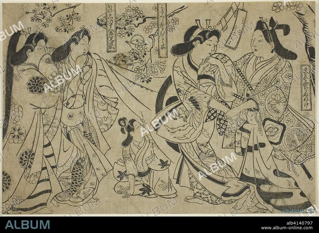 Flirtation under the Cherry Tree. Attributed to Sugimura Jihei; Japanese, active c. 1681-98. Date: 1679-1703. Dimensions: 9 5/8 x 14 1/2 in. Woodblock print; o-oban, sumizuri-e. Origin: Japan.