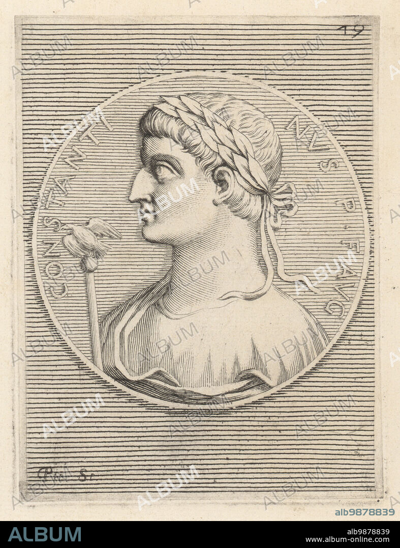 Constantine I, also known as Constantine the Great, Roman emperor, c.272-337. First to convert to Christianity. Wearing the civic crown, corona civica, and holding an eagle sceptre from a bronze medal. Costantino Magno. Constantinus P F Aug. Copperplate engraving by Etienne Picart after Giovanni Angelo Canini from Iconografia, cioe disegni d'imagini de famosissimi monarchi, regi, filososi, poeti ed oratori dell' Antichita, Drawings of images of famous monarchs, kings, philosophers, poets and orators of Antiquity, Ignatio deLazari, Rome, 1699.