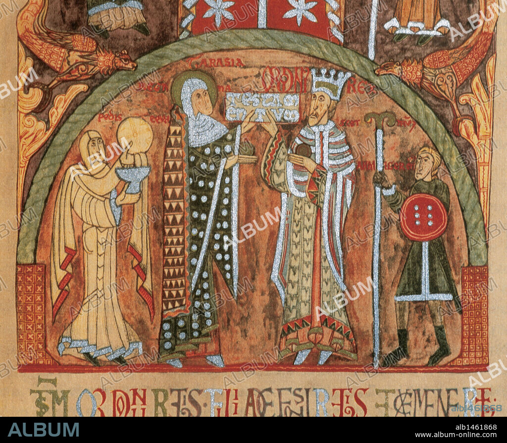Ordoño II (ca.871-924). Rey de Galicia y León. El monarca con la reina Tarasia sosteniendo el testamentum, flanqueados por un armero y una sirvienta. Detalle de una miniatura del Libro de los Testamentos (Liber Testamentorum Ecclesiae Ovetensis), siglo XII. Biblioteca Universidad de Barcelona. Cataluña. España.