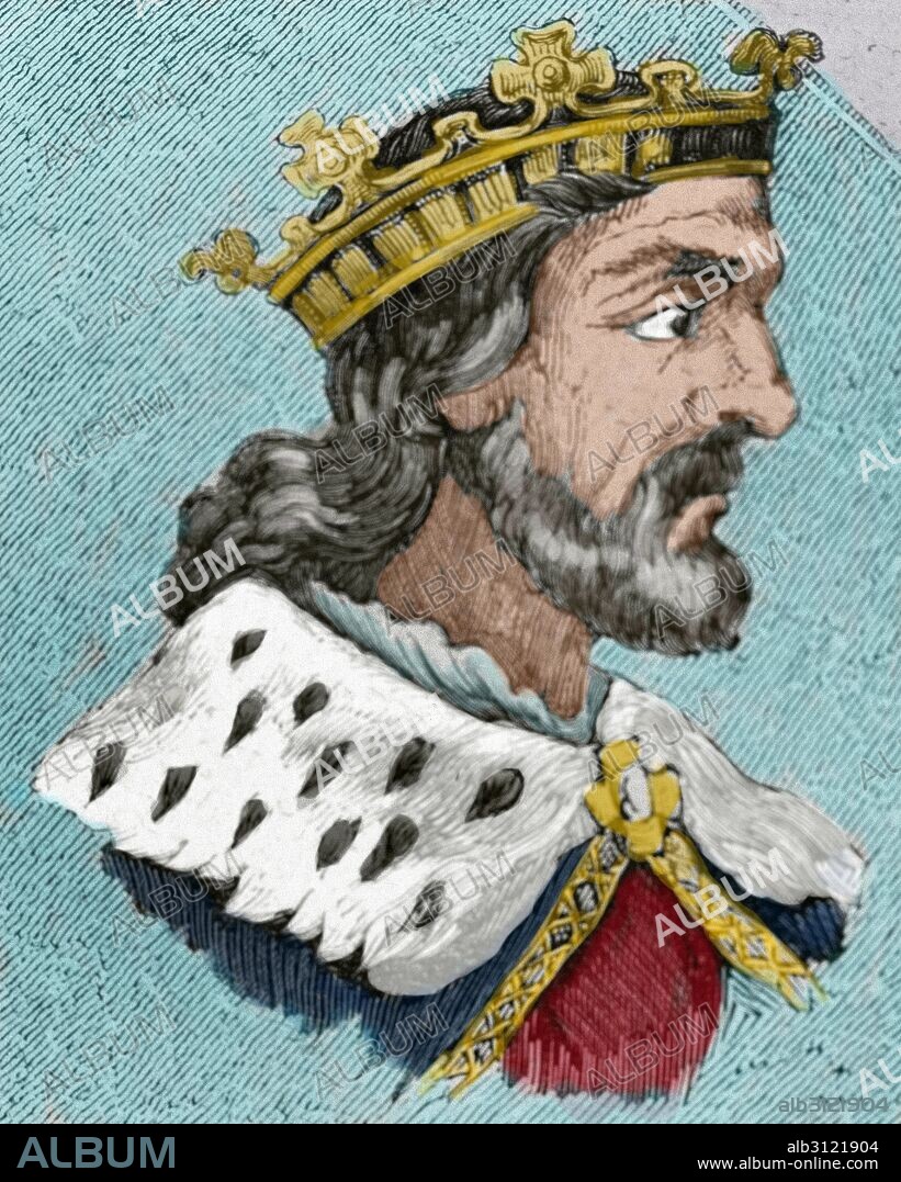 CHINDASVINTO. Rey visigodo (642 a 651). A mediados del siglo VII creó el Ducado de Cantabria. Grabado coloreado del siglo XIX.