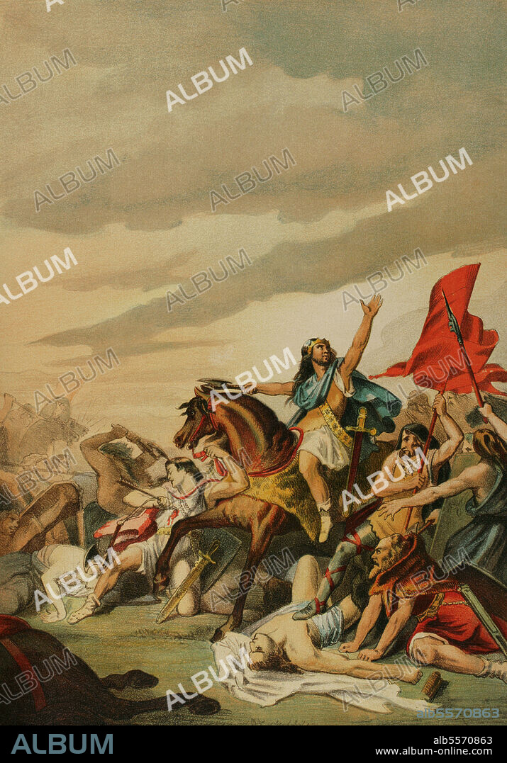 Batalla de Tolbiac (496). Enfrentamiento entre francos y alamanes. Antigua Galia, cerca de Colonia (Alemania). Clodoveo I, rey de los francos, derrotó a los alamanes. Cromolitografía. "Historia Universal", por César Cantú. Tomo IV. Publicado en Barcelona, 1881.