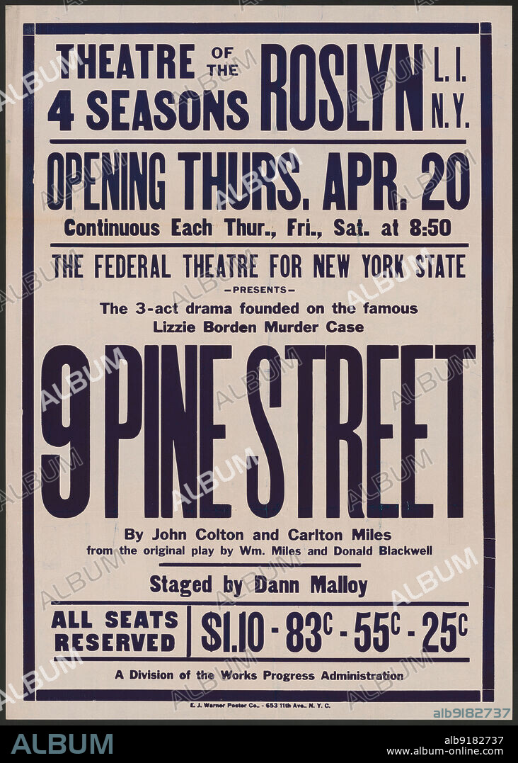 9 Pine Street, Roslyn, NY, 1939. The Federal Theatre Project, created by the U.S. Works Progress Administration in 1935, was designed to conserve and develop the skills of theater workers, re-employ them on public relief, and to bring theater to thousands in the United States who had never before seen live theatrical performances.