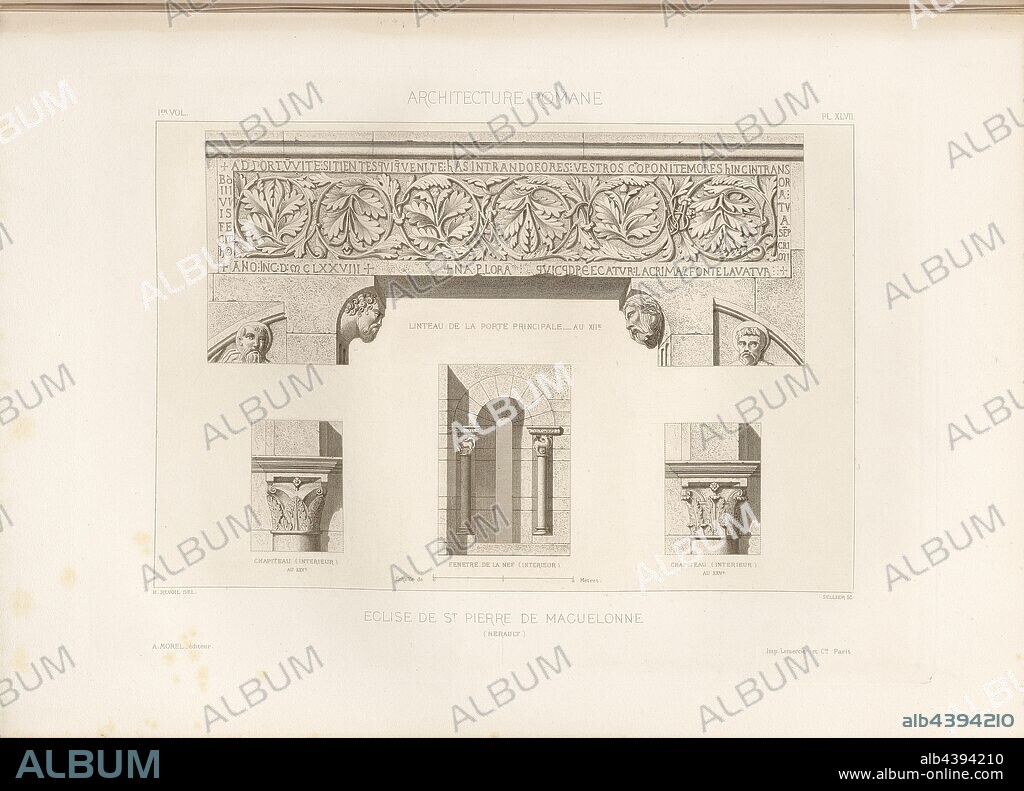 St. Peter's Church of Maguelonne Hérault 4, Details of the cathedral and abbey Saint-Pierre-et-Saint-Paul de Maguelone on the island of Maguelone, signed: H. Revoil del, Sellier sc, A. Morel éditeur, Fig. 61, Pl. XLVII, after p. 50, Revoil, Henry (del.); Sellier (sc.); Morel, A. (éditeur), Henry Revoil: Architecture romane du Midi de la France: dessinée, mesurée et décrite. Bd. 1. Paris: Vve A. Morel & Cie, Libraires-Editeurs, MDCCC LXXIII. [1873].