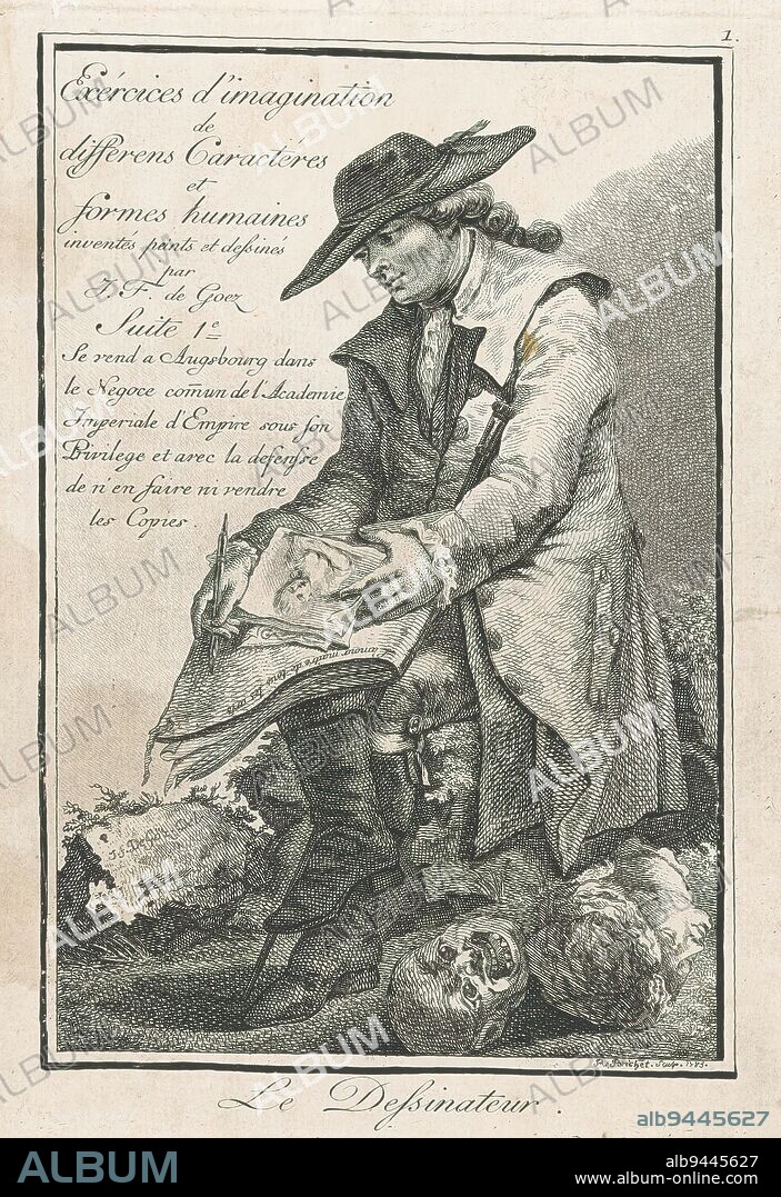 Draughtsman, Le Dessinateur (title on object), Human figures (series title), Exércices d'imagination de differens Caractéres et formes humaines (...) Suite 1 (series title on object), A draughtsman, dressed in overcoat, boots and wide brimmed flat hat, sitting on a tree stump, drawing in a sketchbook, in his left hand a drawing of a girl's head. On the sketchbook the text ' L' amour maitre de tous les arts'. In front of him on the ground an antique head and a male head with grimace., print maker: Robert Brichet, (mentioned on object), after drawing by: Joseph Franz Freiherr von Goez, (mentioned on object), publisher: Kaiserlich Franziskische Akademie, (mentioned on object), Augsburg, 1783, paper, etching, height 224 mm × width 157 mm.