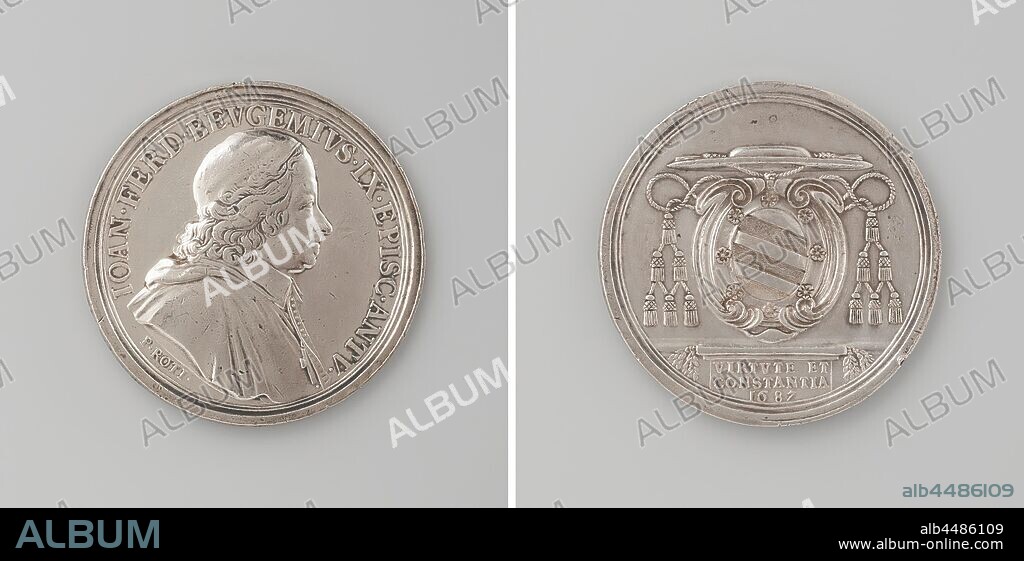 Jean-Ferdinand van Beughem, bishop of Antwerp, Silver Medal. Front: man's bust inside the inside. Reverse: coat of arms under bishop's hat above inscription., Antwerp, Johan Ferdinand Beughem, Philippe Roettiers (II), 1687, silver (metal), striking (metalworking), d 5 cm × w 45.74 gr.