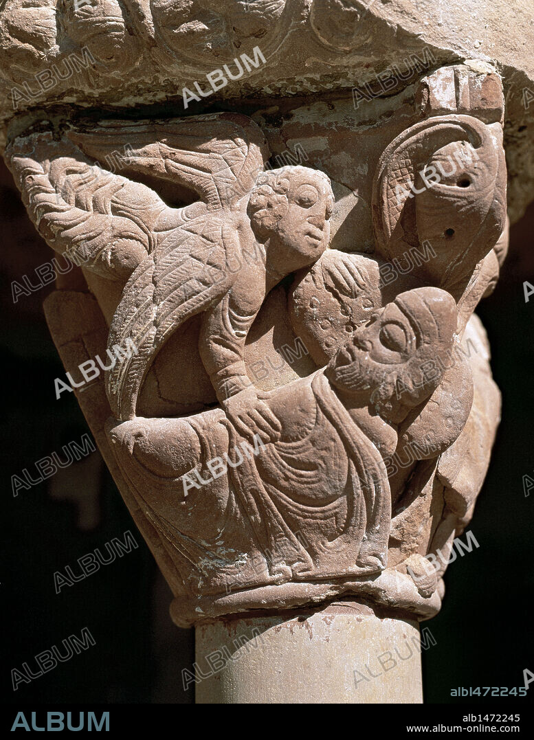 ARTE ROMANICO. ESPAÑA. (S. XII-XIII). Detalle del capitel donde se representa "EL AVISO DEL ANGEL A SAN JOSE MIENTRAS DUERME". Capitel esculpido por el llamado "Maestro de San Juan de la Peña". Claustro del MONASTERIO DE SAN JUAN DE LA PEÑA. Provincia de Huesca. Aragón.